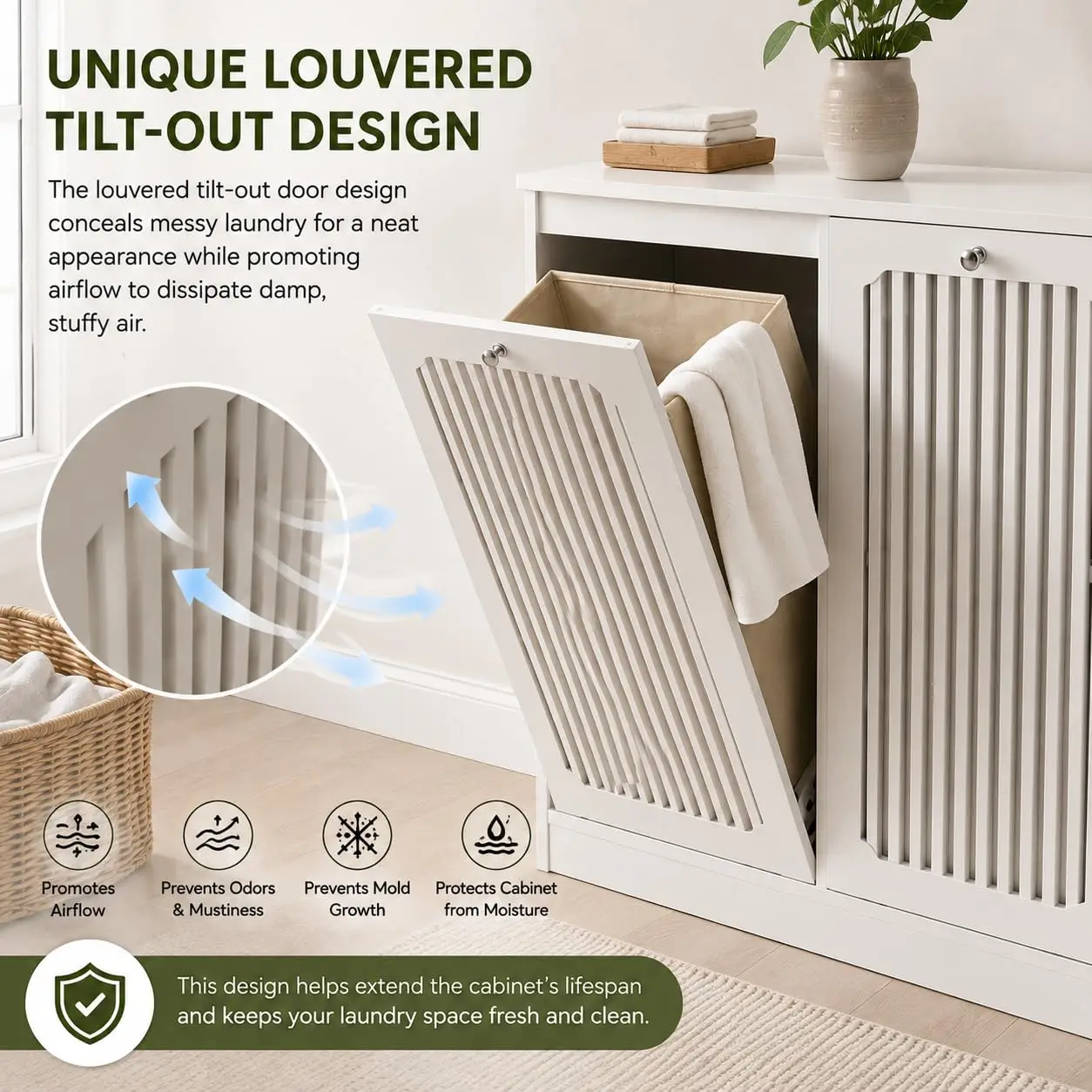 Double Tilt-Out Laundry Hamper Cabinet Louvered Doors White, Customized
