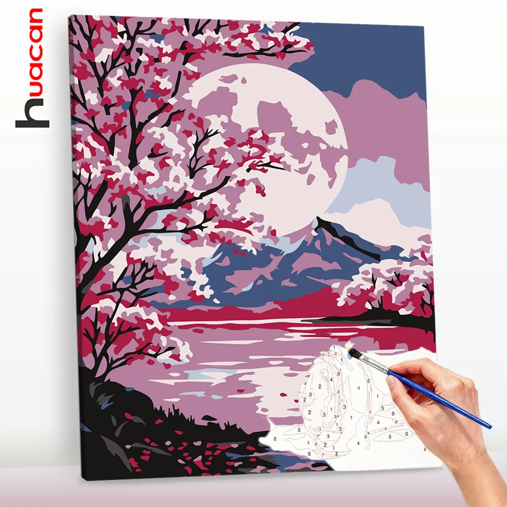 Huacan Landschafts-Ölgemälde nach Zahlen auf Leinwand, handgemaltes Mondbild auf Leinwand, Wohnzimmerdekoration ﻿ ﻿ ﻿