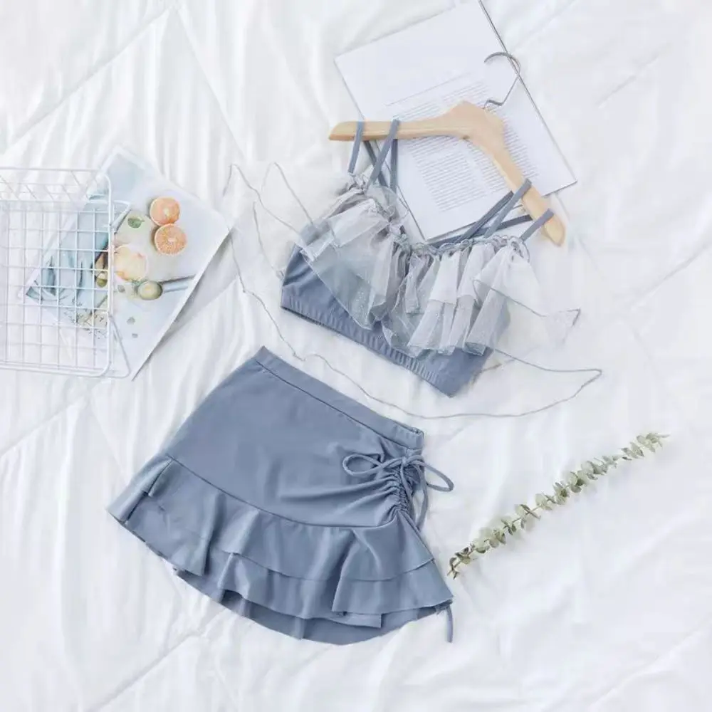 

Ins Slim Fit Юбка-трапеция Купальник с открытыми плечами Пуф с рюшами Кружева с рюшами Купальный костюм Пляжная одежда Комплект из двух предметов Купальники для плавания
