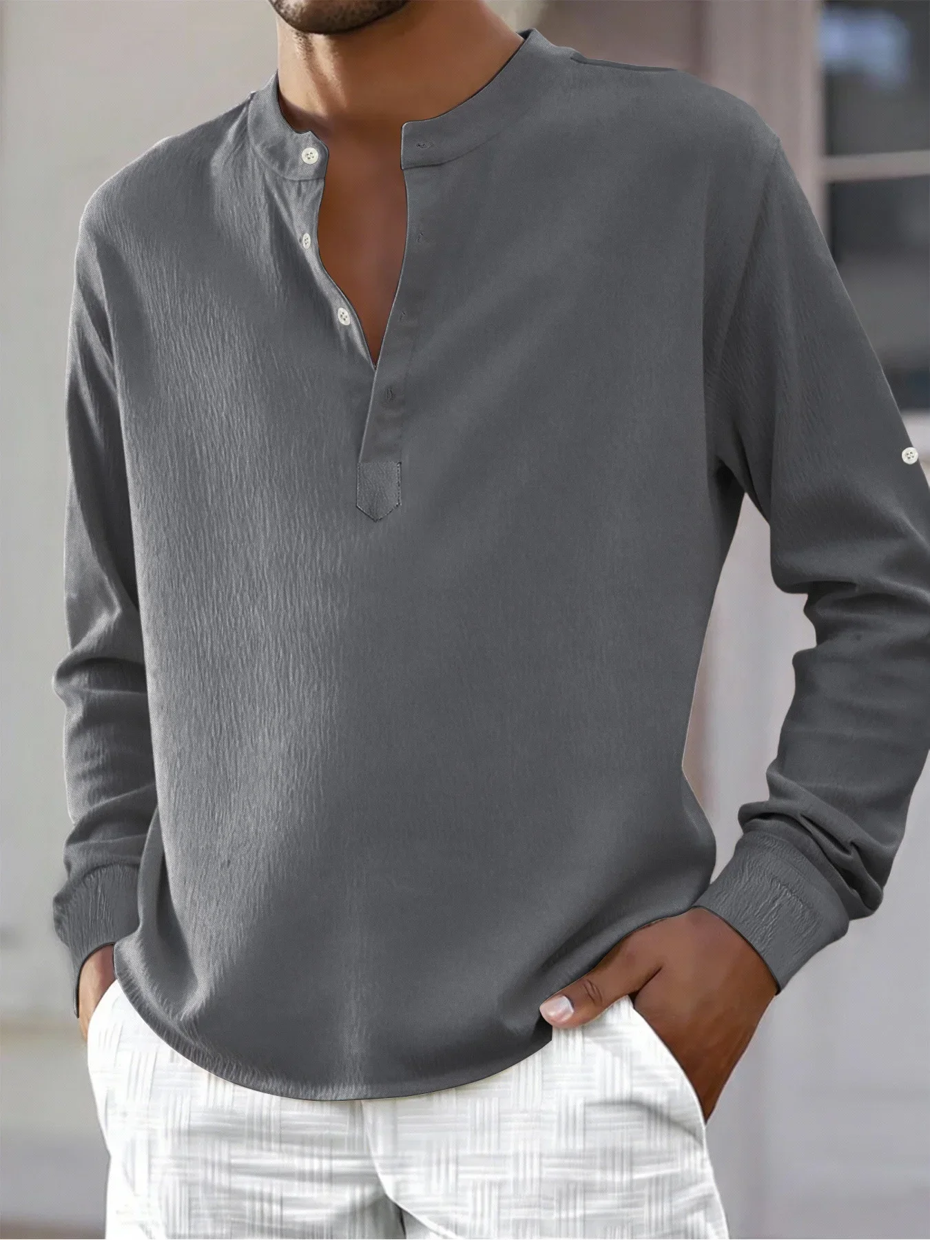 Men Mandarin Collar Henley Shirt Long Sleeve Stand Collar Half Placket Button Crinkled Texture Casual Top Lightweight for Daily Streetwear Vacation