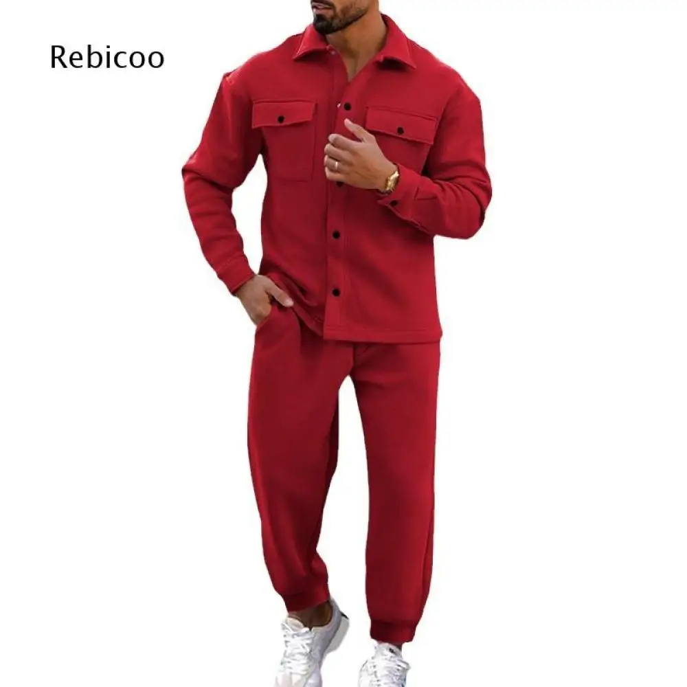 Men Button Front Pocket Shirt Jacket And Jogger Pant Two Piece Outfit Solid Color Co Ord Set For Urban Casual Daily Street Style