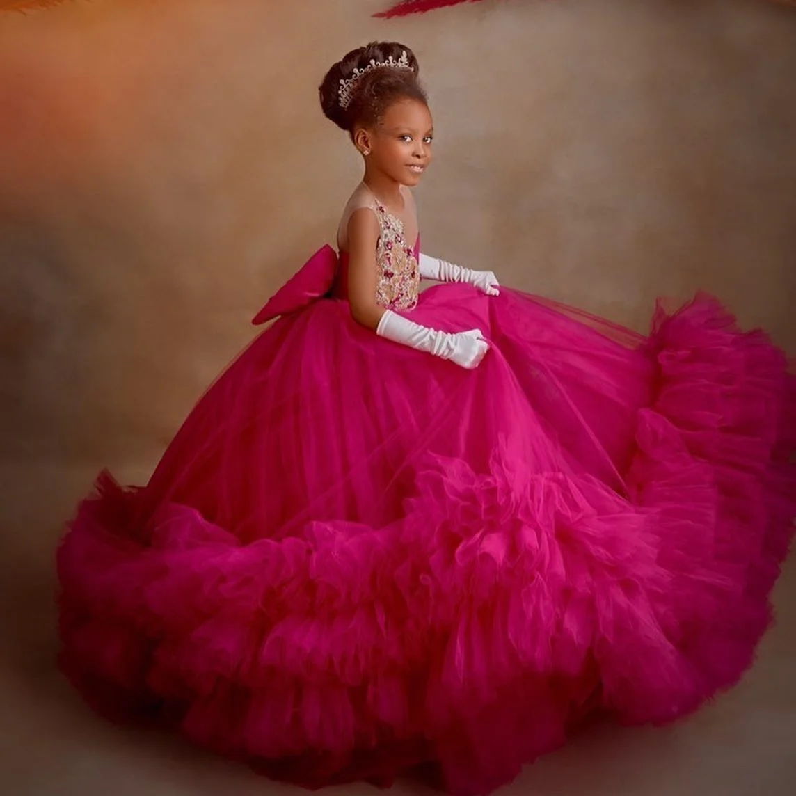 Robes bouffantes de demoiselle d'honneur en tulle pour enfants, robe de princesse perlée à col rond transparent, fête d'anniversaire, reconstitution historique, quelle que soit la première communion