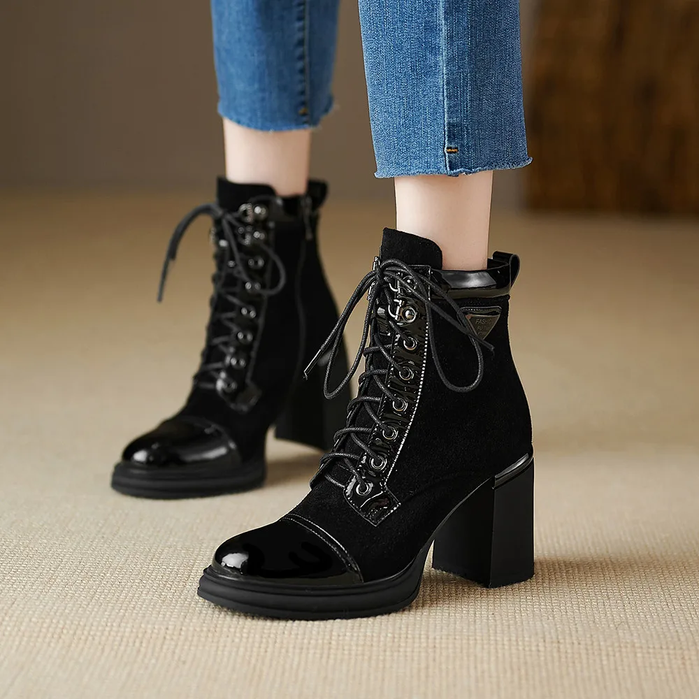 Aucegi Luxury Brand Design Quality Leather Ankle Boots Fashion Round Toe Chunky High Heel Autumn Lace Up Zipper Commuter Shoes