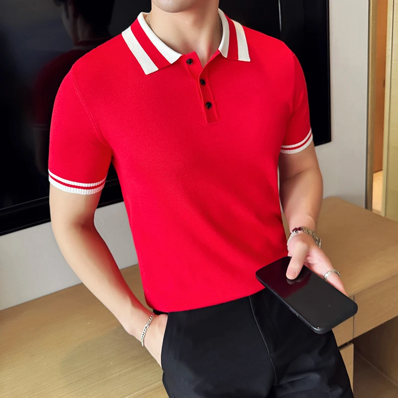 

Summer Polos Tee Shirt For Men Cool Thin Contrast Color Design Knitted Short Sleeve Polo Shirt Men's Lapel T-shirt Red New Top