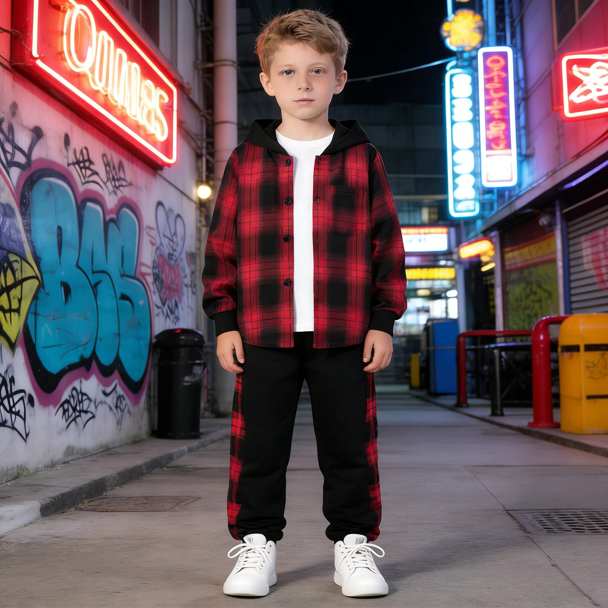 

Комплект для мальчиков 2026: Клетчатая рубашка с капюшоном + брюки, красный, повседневный, модный, для подростков 8-14 лет