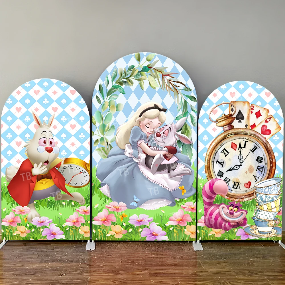 

Alice in Wonderland Arch Backdrop Cover Rabbit Chess Clock Cheshire Cat, Whimsical Photo Booth Props for Parties&Home Decoration