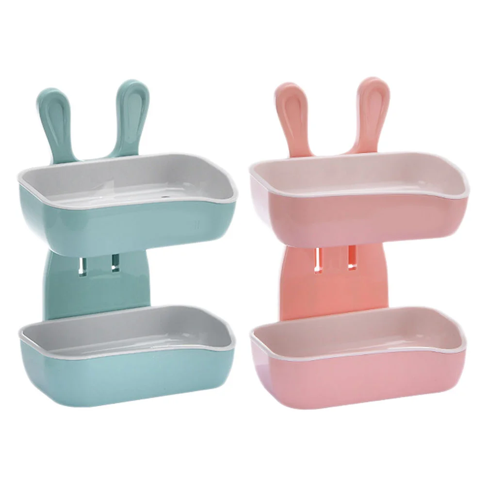 

2Pcs Double Layer Soap Tray Punching Pattern for Bathroom Kitchen Wall Stick Soap Rack Drainer Box
