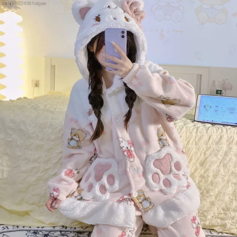 Miniso Cartoon Mikko Cute Plush Matching Set Women Coral Fleece Pink Cardigan Top Hooded Pants 2 Piece Pajamas Suit Y2k Clothes