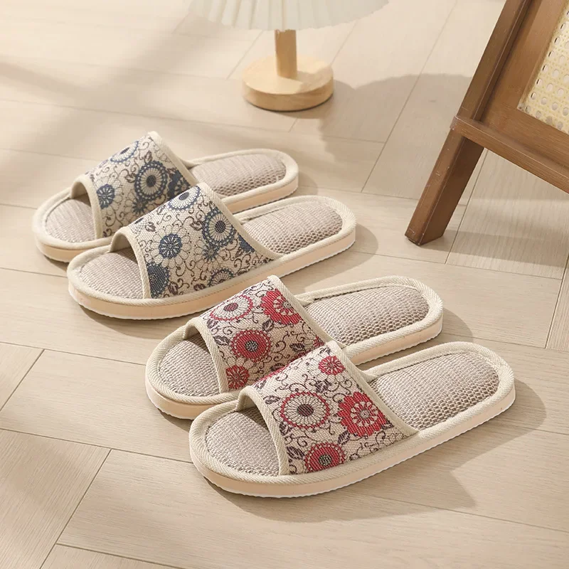 جديد الصيف داخلي القطن الكتان زلة مقاومة الأزواج بلاط الأرضيات فتح الفم النعال المنزل الأزرق والأبيض الخزف خفيفة الوزن