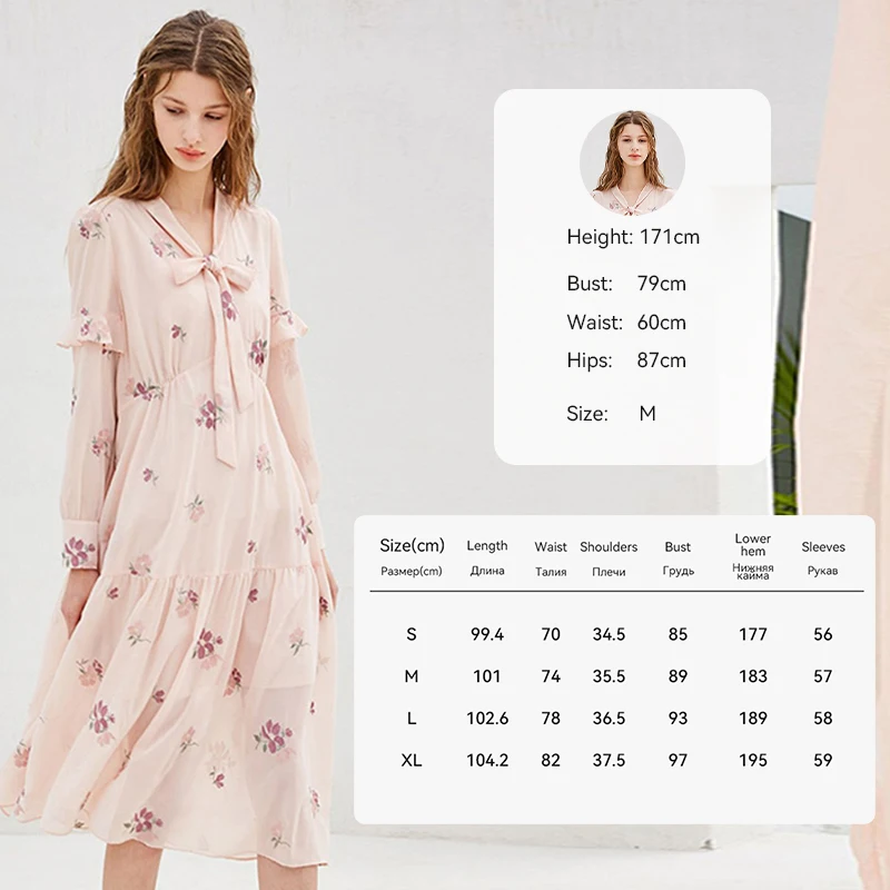OLrain Womens Dresses Embroidered Autumn 2025 New Chiffon Long Sleeve Ruffles Party Elegant Bow V-Neck A-line Dress 9CLC18063