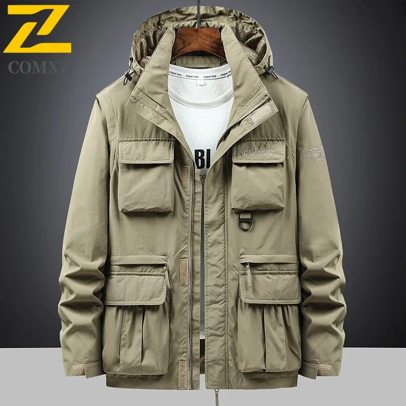

COMXZ 2025 Detachable Sleeves Jacket Men Windproof Outdoor Coat Loose Fit Large Size Multi Pocket Workwear Casual outdoor sports