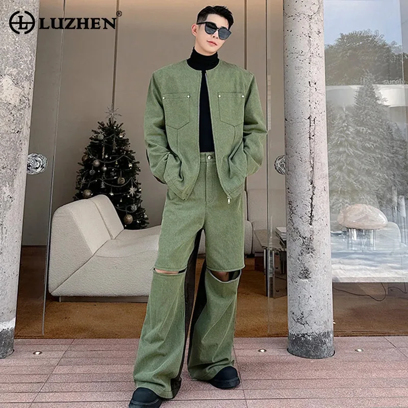 LUZHEN Splicing Design Solid Color Jackets Two-piece Sets Men's Trendy Street Simplicity Temperament Broken Hole Pants LZ6132