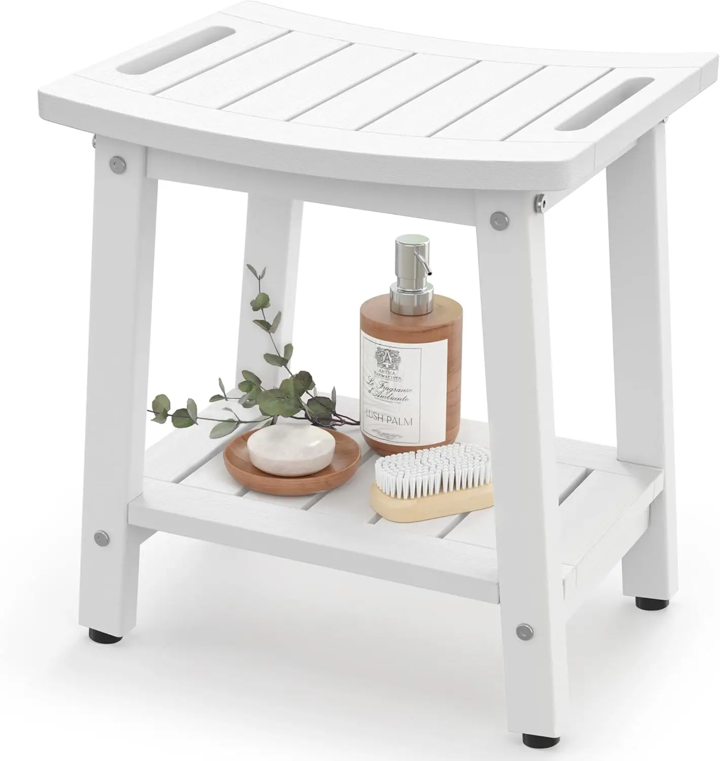 White HDPE Shower Stool with Handle, Storage Shelf, Adjustable Feet - Waterproof & Durable for Indoor/Outdoor Use