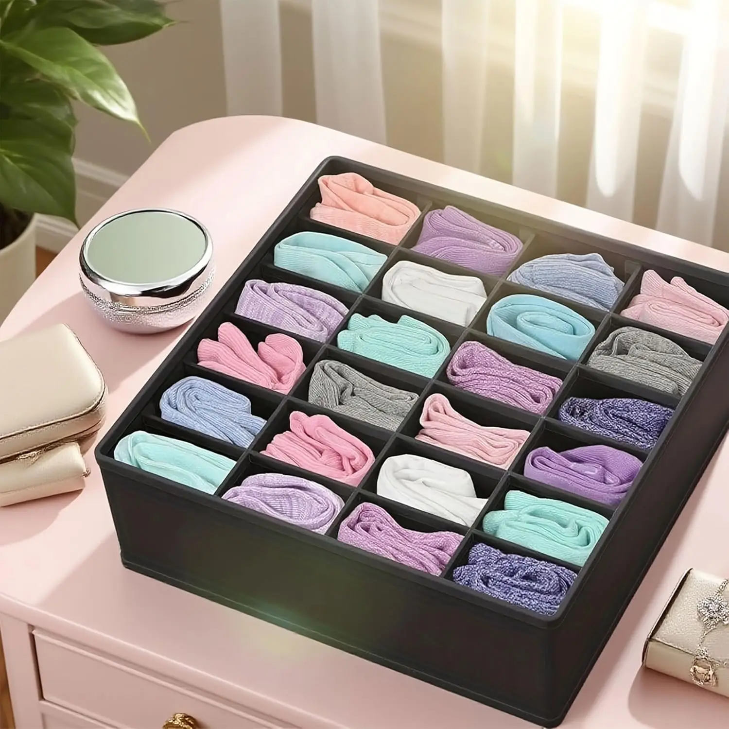 24-Compartment Drawer Organizer – Foldable Fabric Storage Box For Socks, Underwear, And Accessories, 2pc