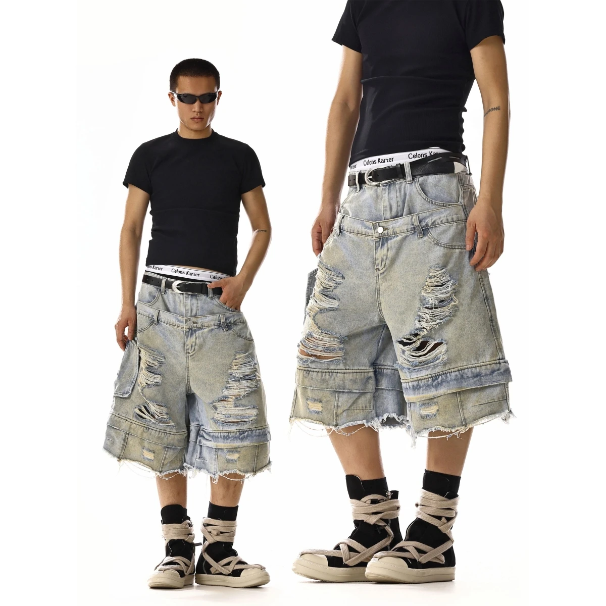 Shorts Jeans Retrô Americano Lavado com Efeito Desgastado e Rasgos, Corte Solto e Perna Larga, Design Urbano Sensacional para...