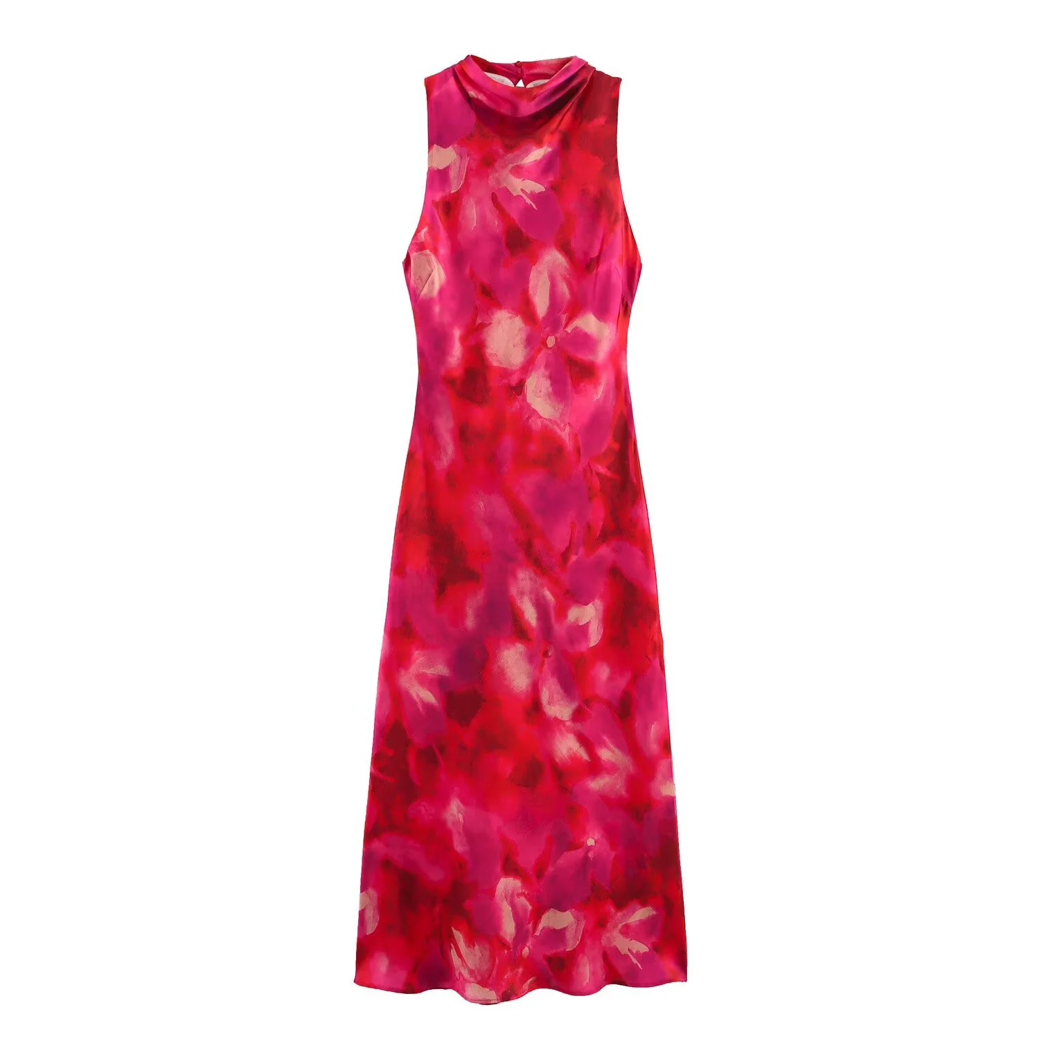 2025, Frühjahr/Sommer, neues Damen-MIDI-Kleid mit französischem Faltenkragen, Seidensatin, Textur, bedruckt, ärmellos