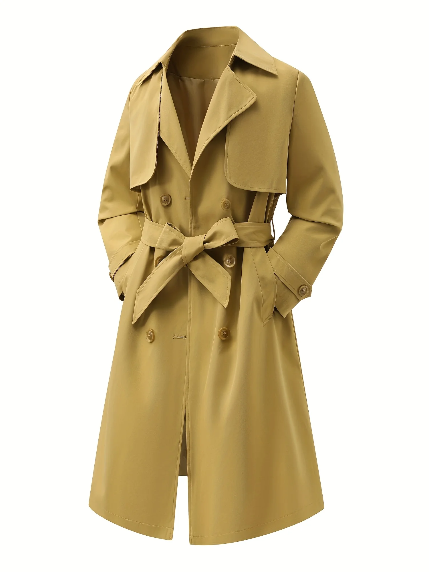 

Women's Spring Autumn Mid-Length Windbreaker Collared Belted Waist Fashionable Streetwear Outdoor Open-Front Jacket