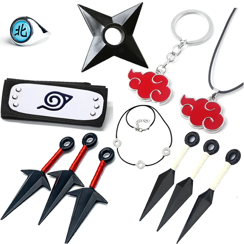 Anime Naruto Rings Kunai Necklace HeadbandsShuriken Cosplay Accessories Akatsuki Props Figure Action Itachi Childern Toy Gift