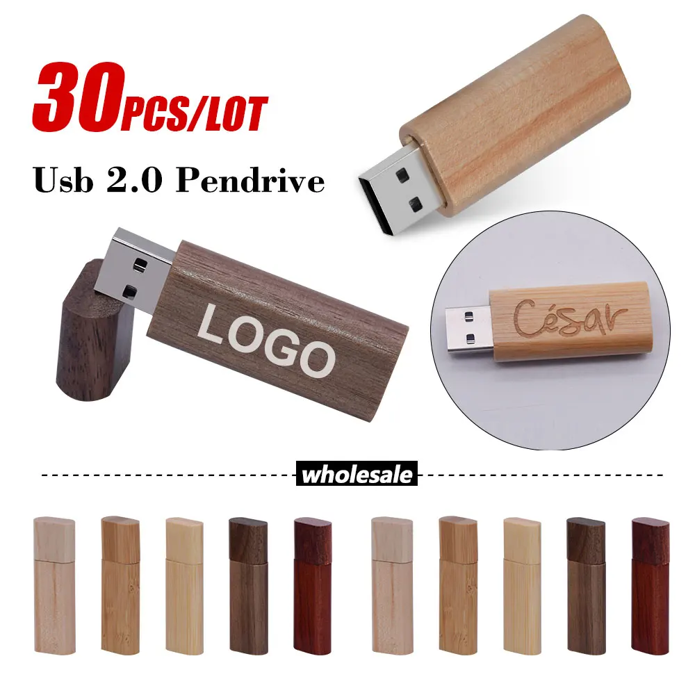 30개 묶음 무료 맞춤 로고 USB2.0 플래시 드라이브 128GB 메모리 스틱 64GB 호두나무 고속 펜 드라이브 32GB 창의적인 선물 U 디스크