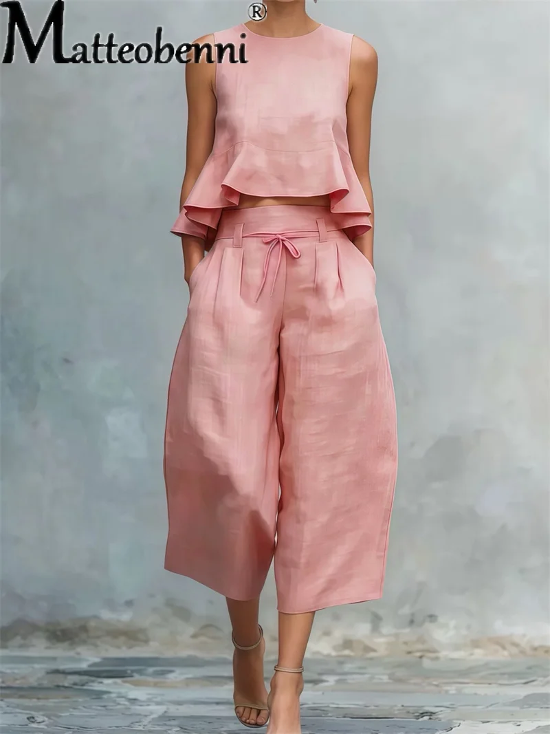 Women Cotton Linen 2 Piece Set Summer Sleeveless Ruffle Crop Top Wide Leg Capri Pants Summer Fashion Casual Beach Matching Set