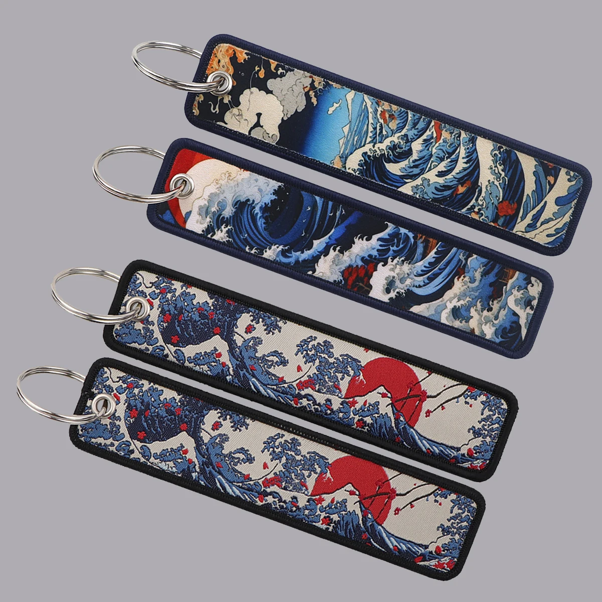 Japanese Waves Art Drawing Embroidery Key Fobs Backpack Key Tags Motorcycles Keychain Keyrings Accessories Gifts for Friends