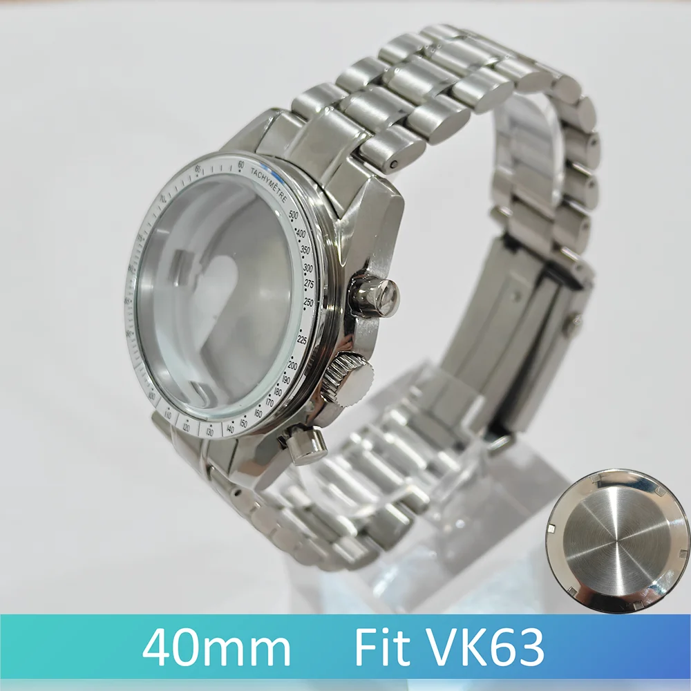 Fit VK63 Case 40mm Moon Watch 316L roestvrij staal Mineraalglas 20mm band Zilver/zwart Monteren de horloges Vervang onderdelen