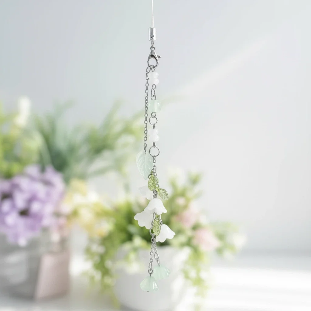 Lily of the Valley keychain - White Floral Phone Strap Cute Jewelry for Phone/bag  Dainty Star & Leaf Phone Accessory