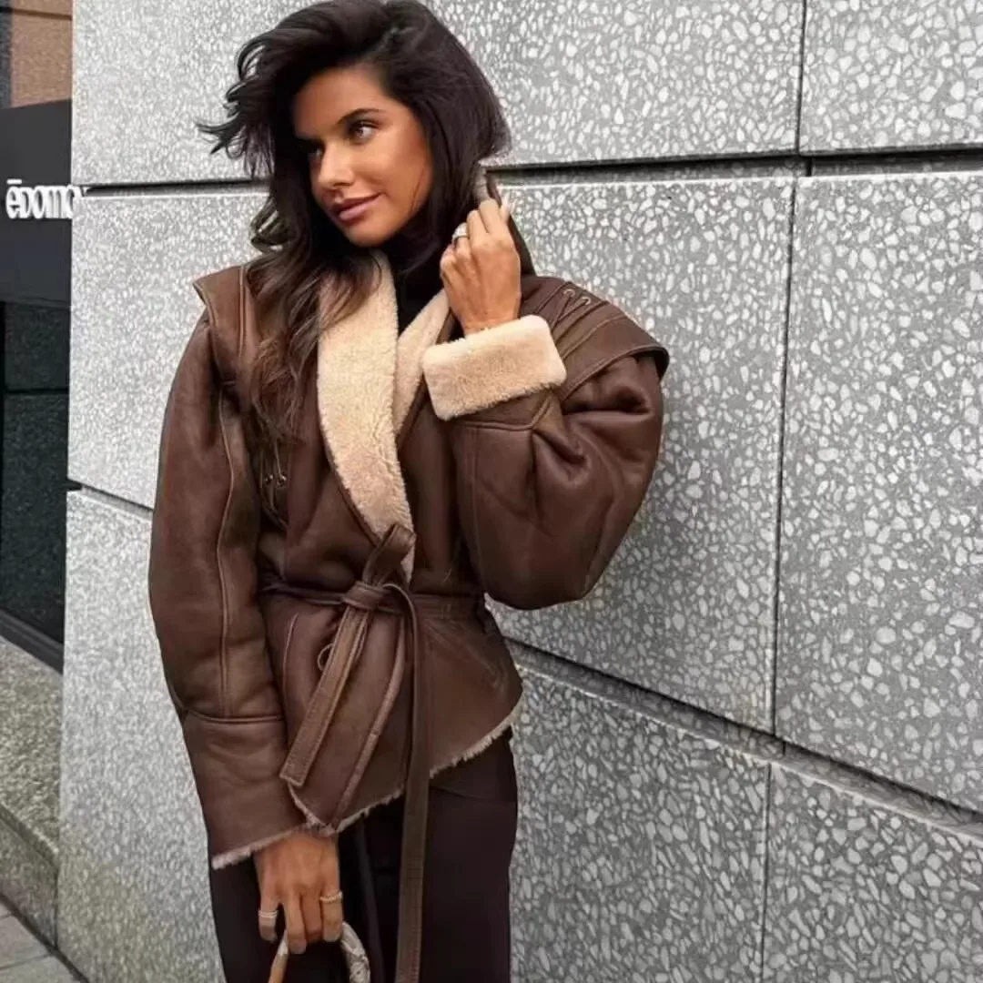 معطف نسائي من الجلد الفرو القديم مع حزام خصر للخريف وصل حديثًا بياقة فاكهة فاهيون للتنقل والرياح #2