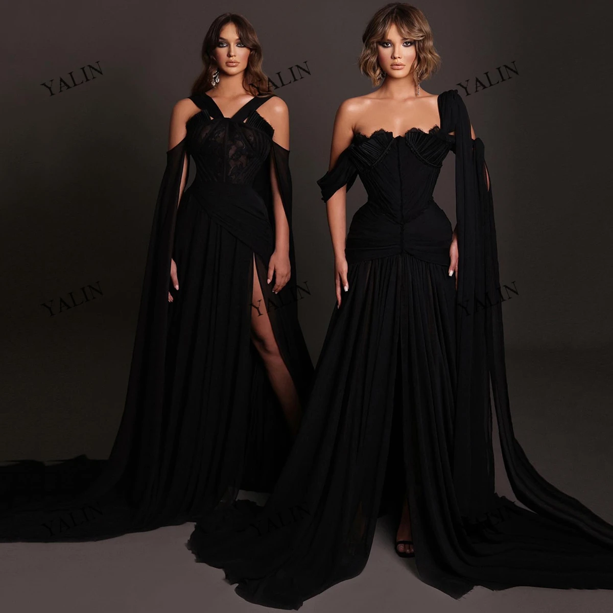 Customized Summer Sale Black Chiffon Wedding Party Dresses Brush Train High Wasit Fromal Prom  Off The Shoulder Evneing Gowns