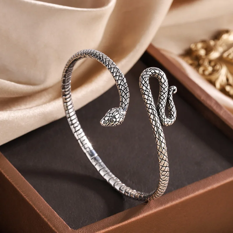 

New Creative Retro Snake Shape Bracelets 925 Sterling Silver Jewelry Personality Temperament Animal Opening Bangles SL030