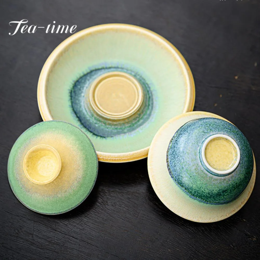 150ml Kiln Change Green Hill Art Ceramic Gaiwan Tea Lid Set Tea Bowl with Saucer Lid Kit Tea Tureen Tea Maker Cover Bowl Tea Set