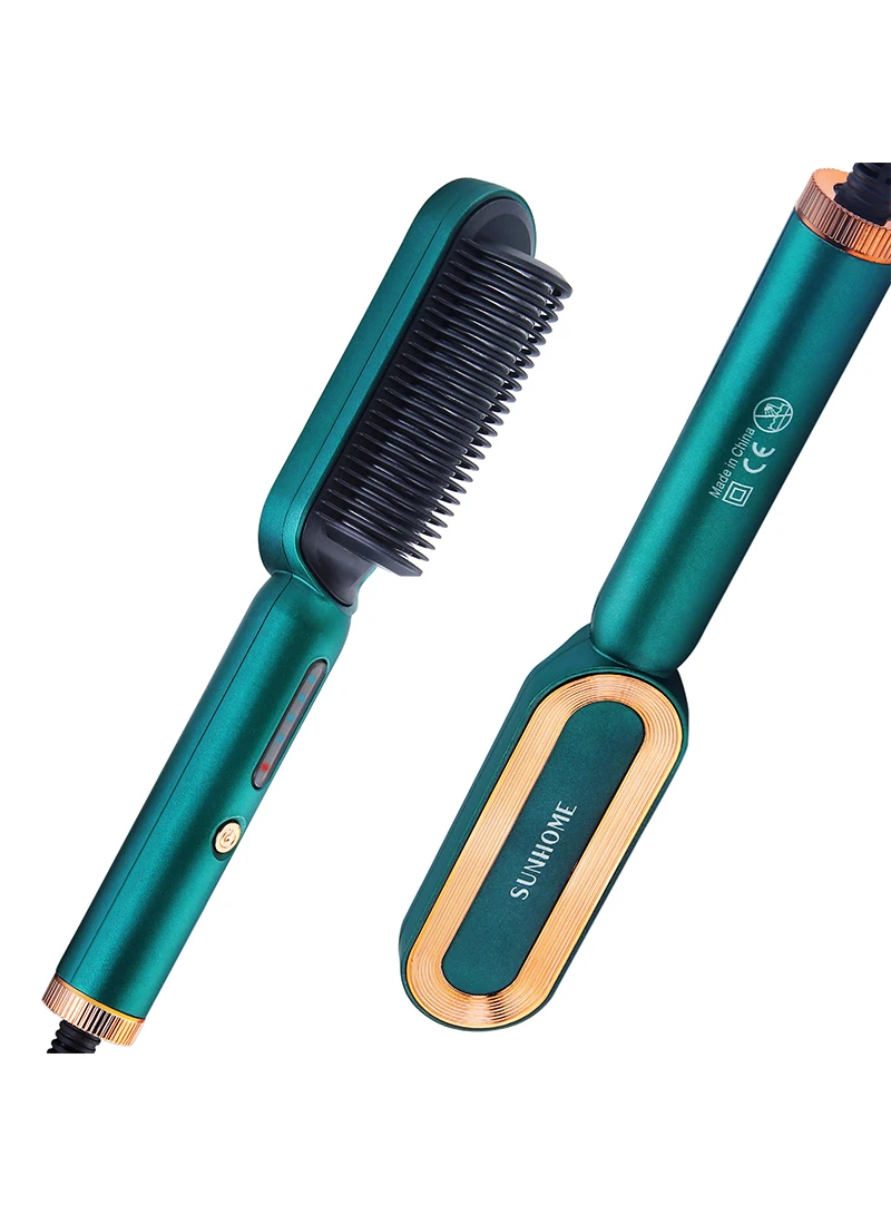 SUNHOME Hair Straightener Brush – Hair Straightening Iron with Built-in Comb,Perfect for Professional Salon at Hom Green