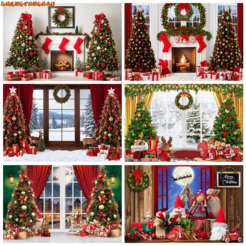 

Winter Christmas Photography Backdrop Rustic Barn Wood Door Fireplace Xmas Tree Snow Gifts Family Holiday Party Decor Background