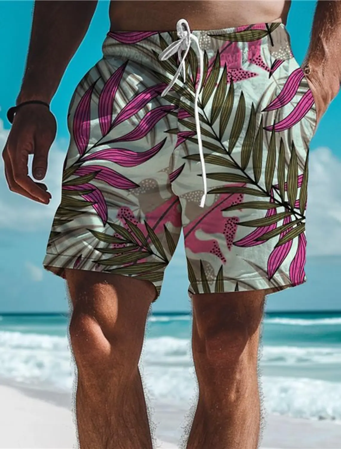 Leaf Tropical Men's Board Shorts Hawaiian Short 3D Printed Swim Trunks Elastic Drawstring Breathable Stretch Short Aloha Style