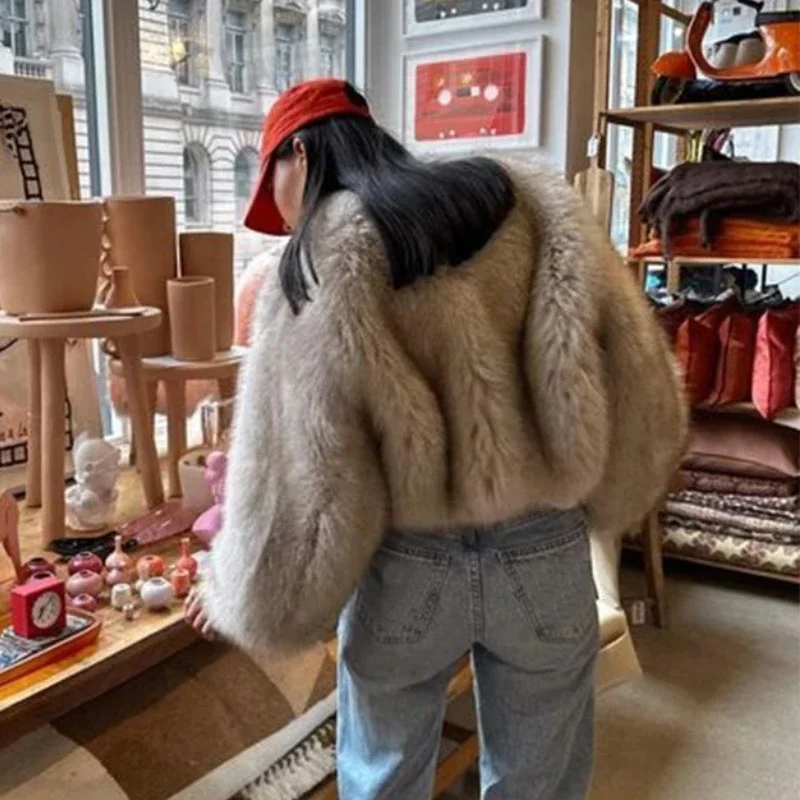 Lcônico rua moda marca de luxo gardient recortado casaco de pele do falso feminino inverno quente legal meninas fofo jaqueta de pele curta