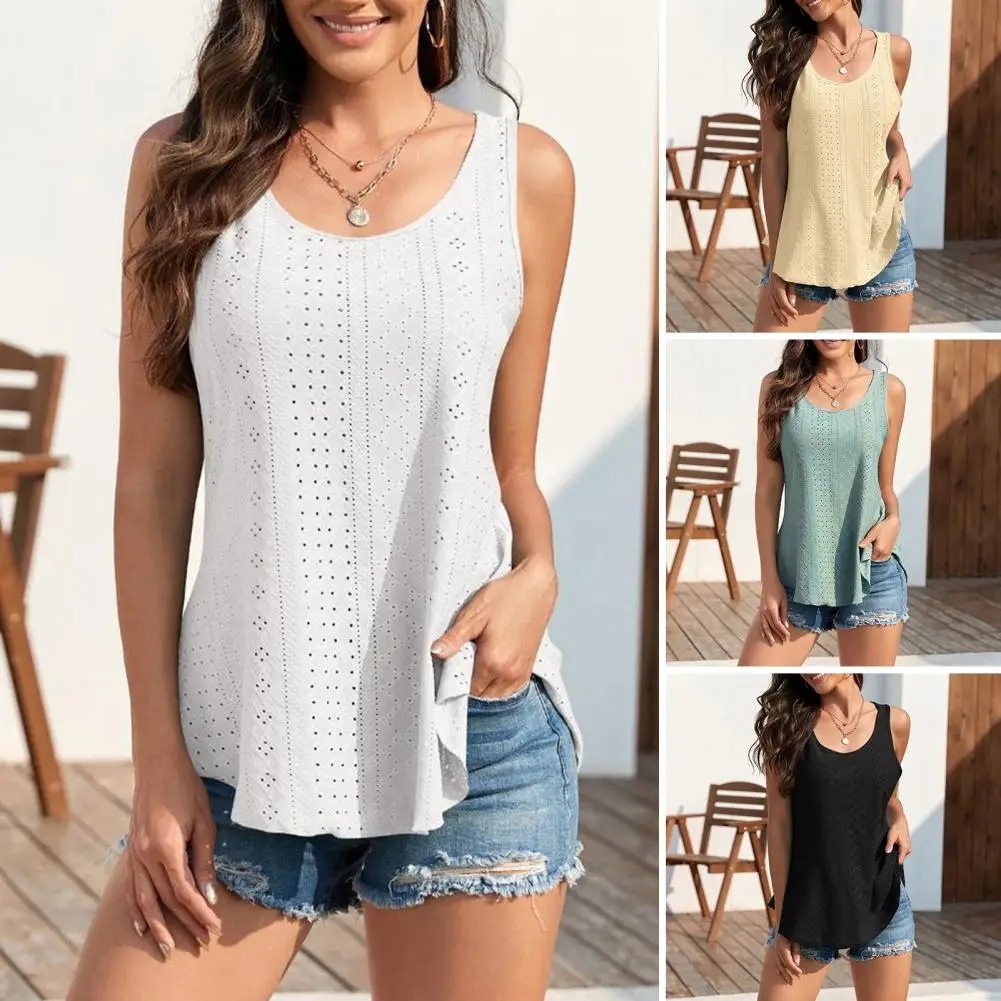 

Women's Tank Tops Sleeveless O-neck Solid Color Loose Fit Pullover Tops Summer Hollow Design Stretchy Camisole Top Streetwear