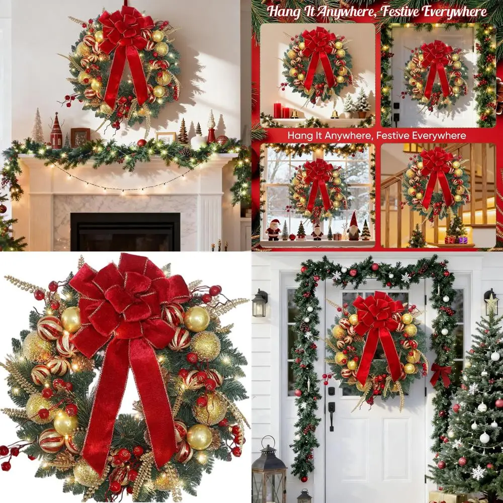 

24 Red & Gold Christmas Wreath with Berries & Bow for Door, Window, Wall - Indoor/Outdoor Decor