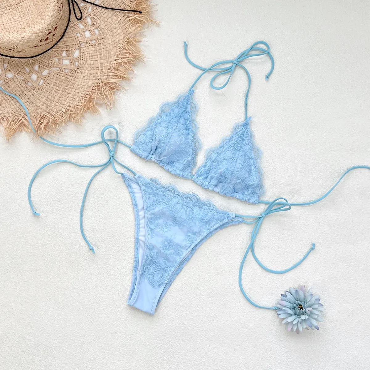 

Sexy Contrast Lace Triangle Biquini Women Swimsuit Fashion Lady Lace-up Bikini Bathing Suit Sweet Mujer Vacation Beach Swimwear
