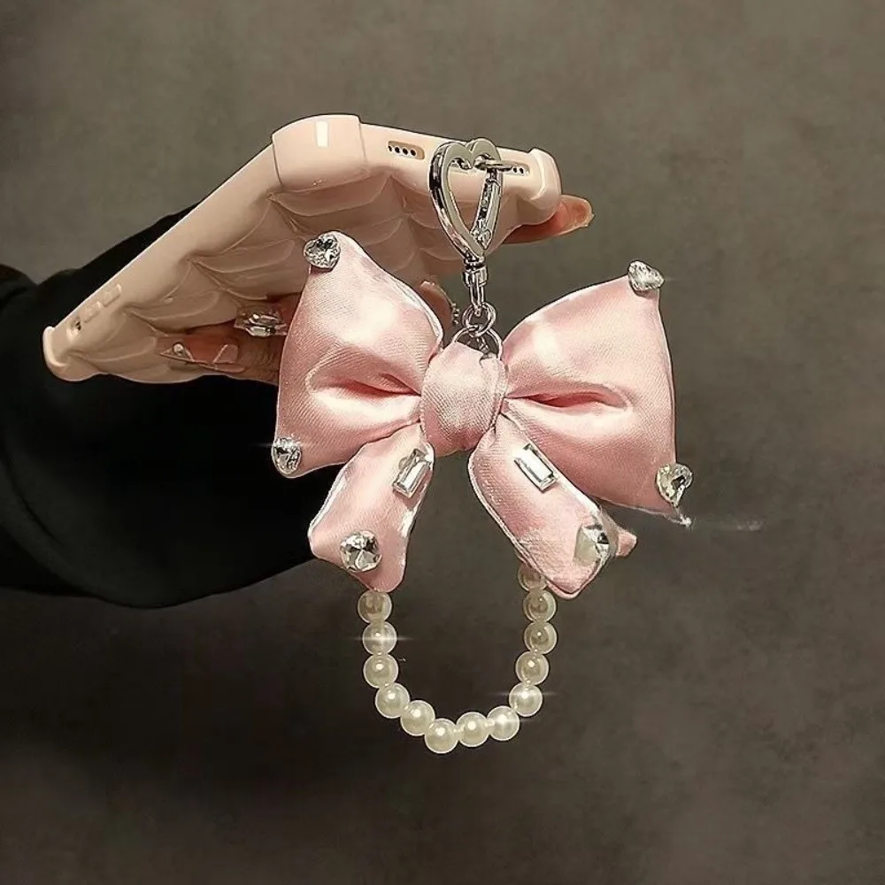 Shiny Diamond Imitation Pearl Keychain Colorful Design Three-Dimensional Filling Bow Keychain Lace Bow Beaded Chain