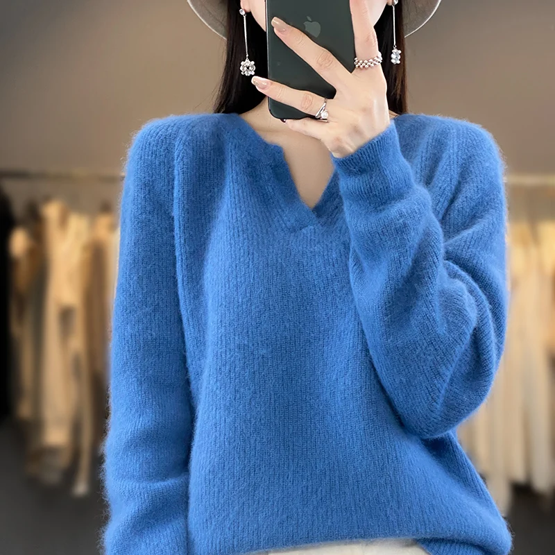 100% Mink Fleece Sweater Women\'s Round Neck Small V-Neck Top Pullover Autumn And Winter New Korean Luxury Fashion Warm Keeping