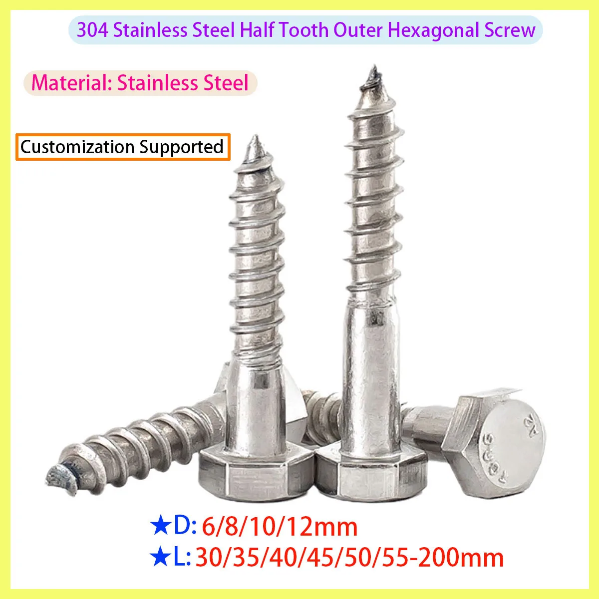

304 Stainless Steel Hexagonal Self Tapping Screw with Extended Wooden Teeth Bolt Length of 30/35/40/45/50/55-200mm