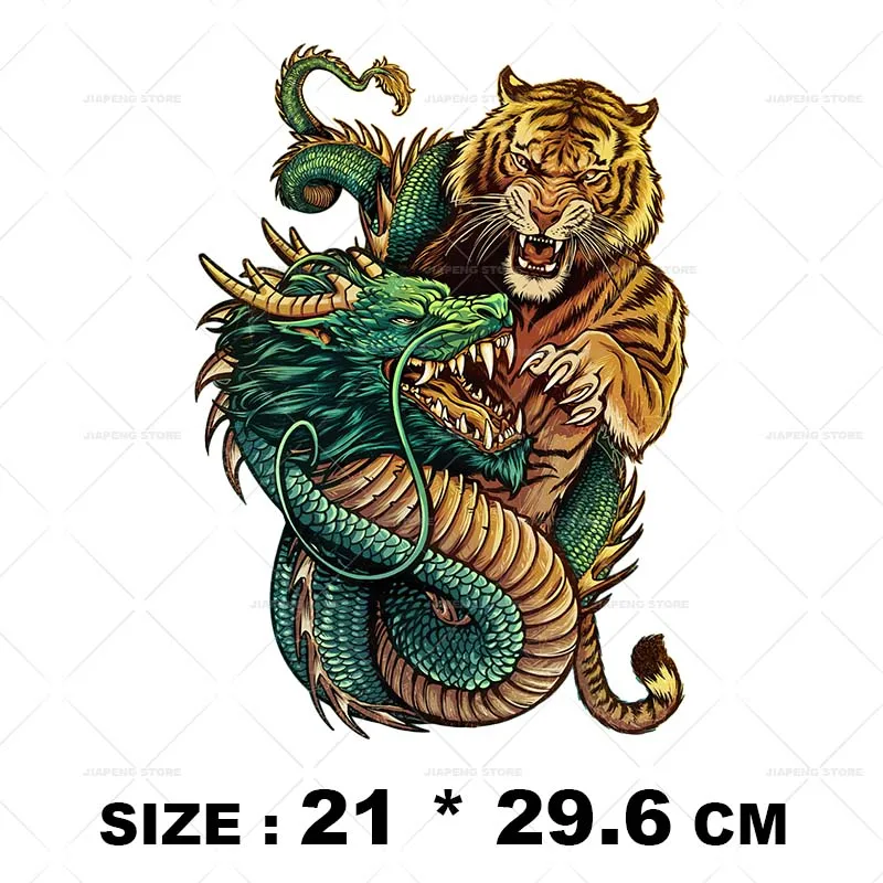 Fashion Chinese Loong Tiger Print Stickers Iron on Heat Transfers For Clothes Cartoon Cool Dragon Thermal on T-shirt Appliques