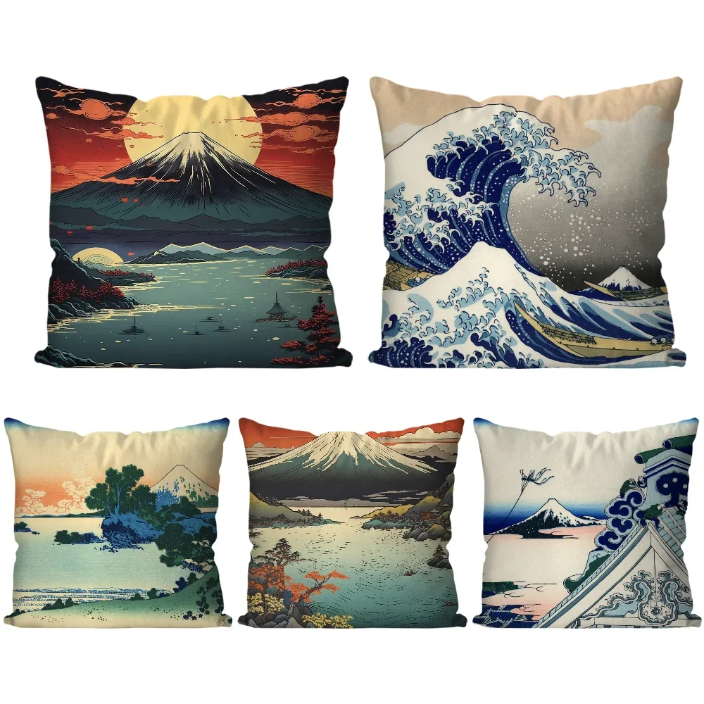 

1pc Japan Mount Fuji Ukiyo-e Retro Pillow Case Square Pillow Bedroom Sofa Leisure ComfortCar Living Room Home Decoration 40X40
