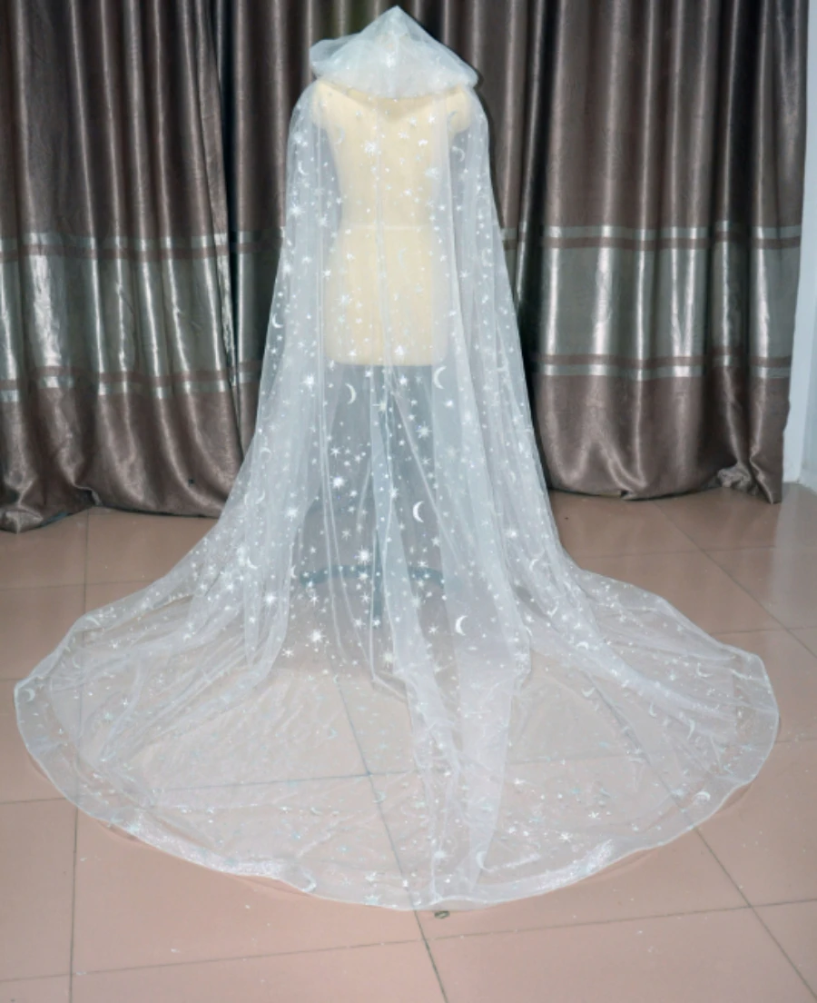 Płaszcz ślubny z kapturem welon Tulle Bridal cape Veil długa gwiazda i księżyc kobiety płaszcz kościelny Brides szale Wrap custom peleryna