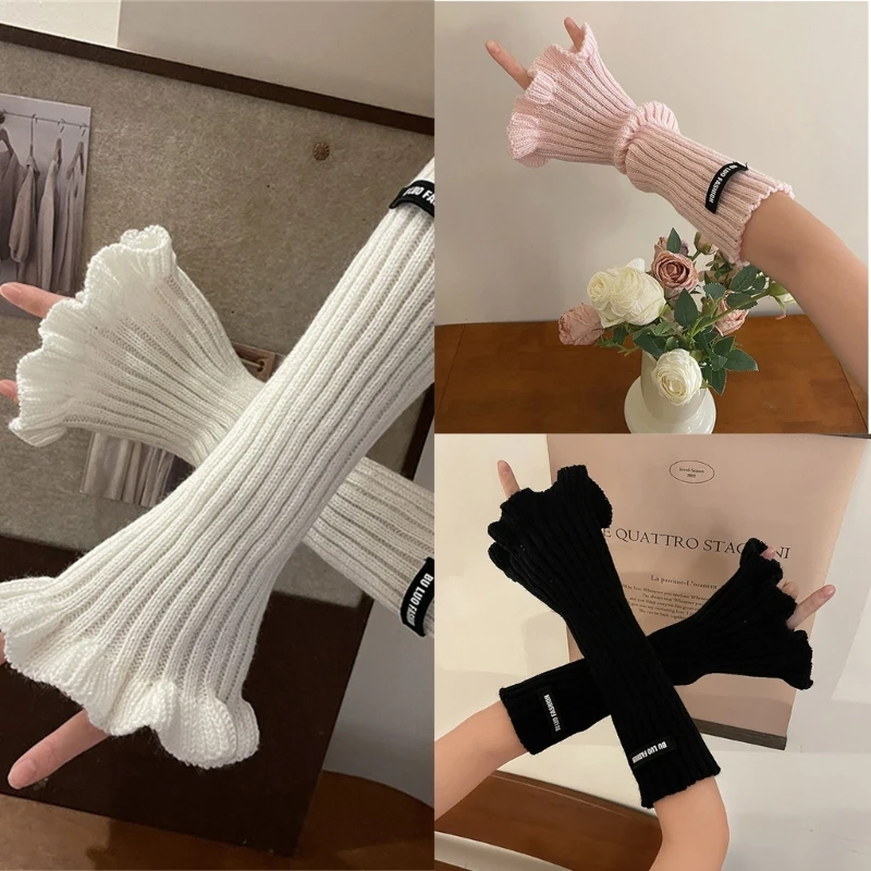 

Knit Trumpet Edge Trim Arm Warmer Winter Fingerless Mitten Thicken Keep Warm Christmas Lengthen Gloves for DropShipping