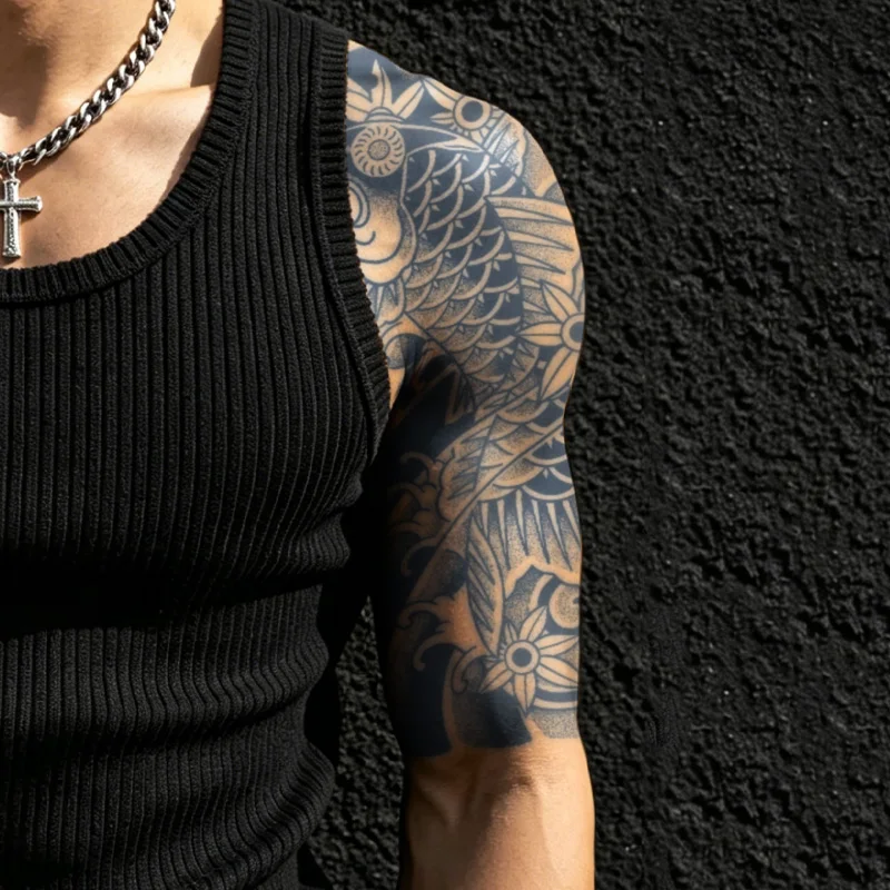 Asiatische temporäre Kräutertattoo-Aufkleber mit halben Ärmeln, langanhaltend wasserfest für eine bis zwei Wochen, geeignet für Arm und Bein. – Detail 4