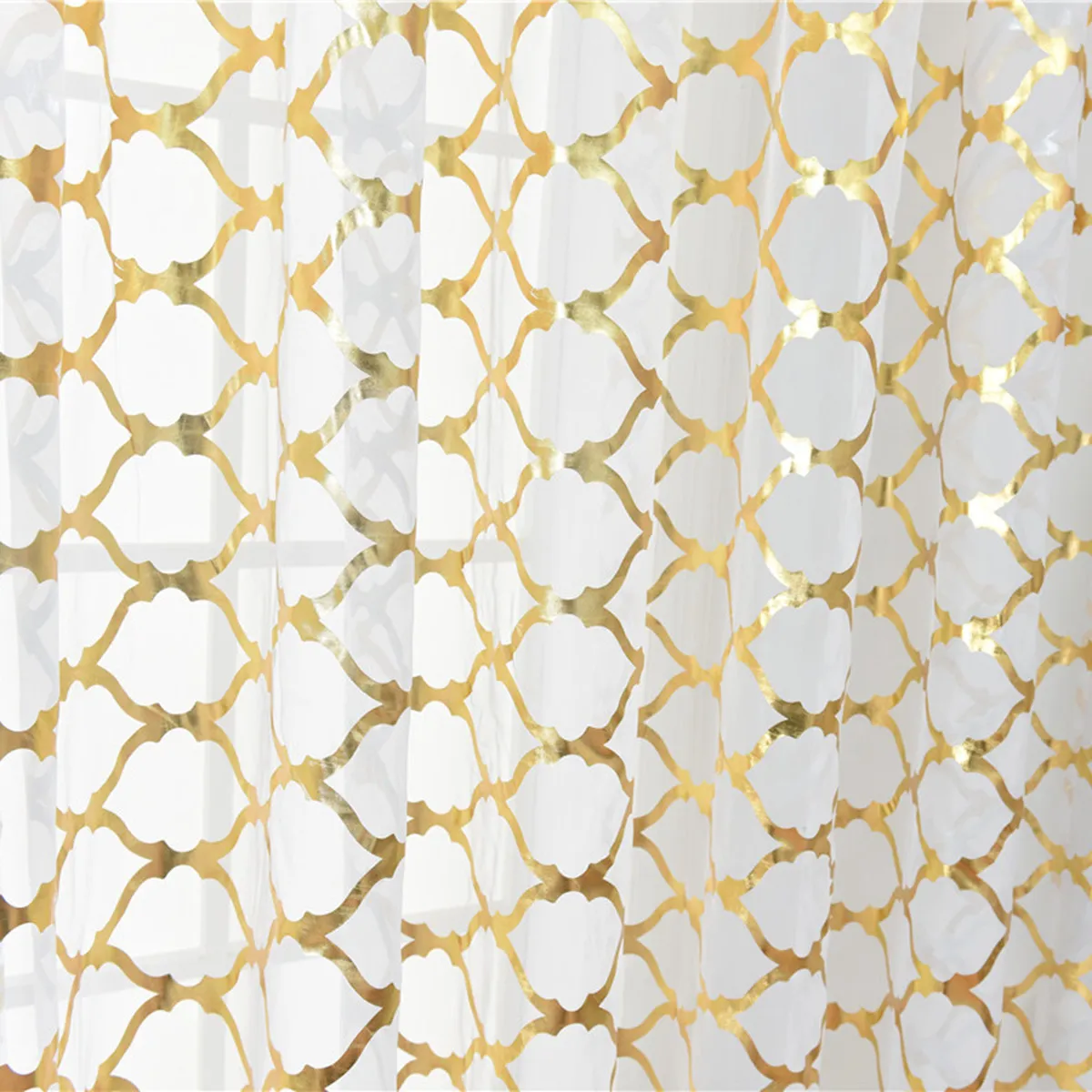 1Pcs Grid Bronzing Rod Shading Voile Curtain Sheer Romantic Window Screening Half Shading Tulle Natural Light 100x200cm Golden