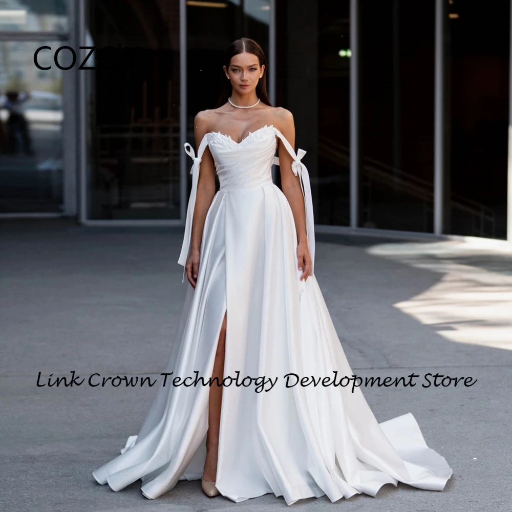 

COZOK Strapless Wedding Dresses for Women Side Slit Satin Bridal Gowns Pleat Court Train 2024 Summer Robe De Mariée New Zipper