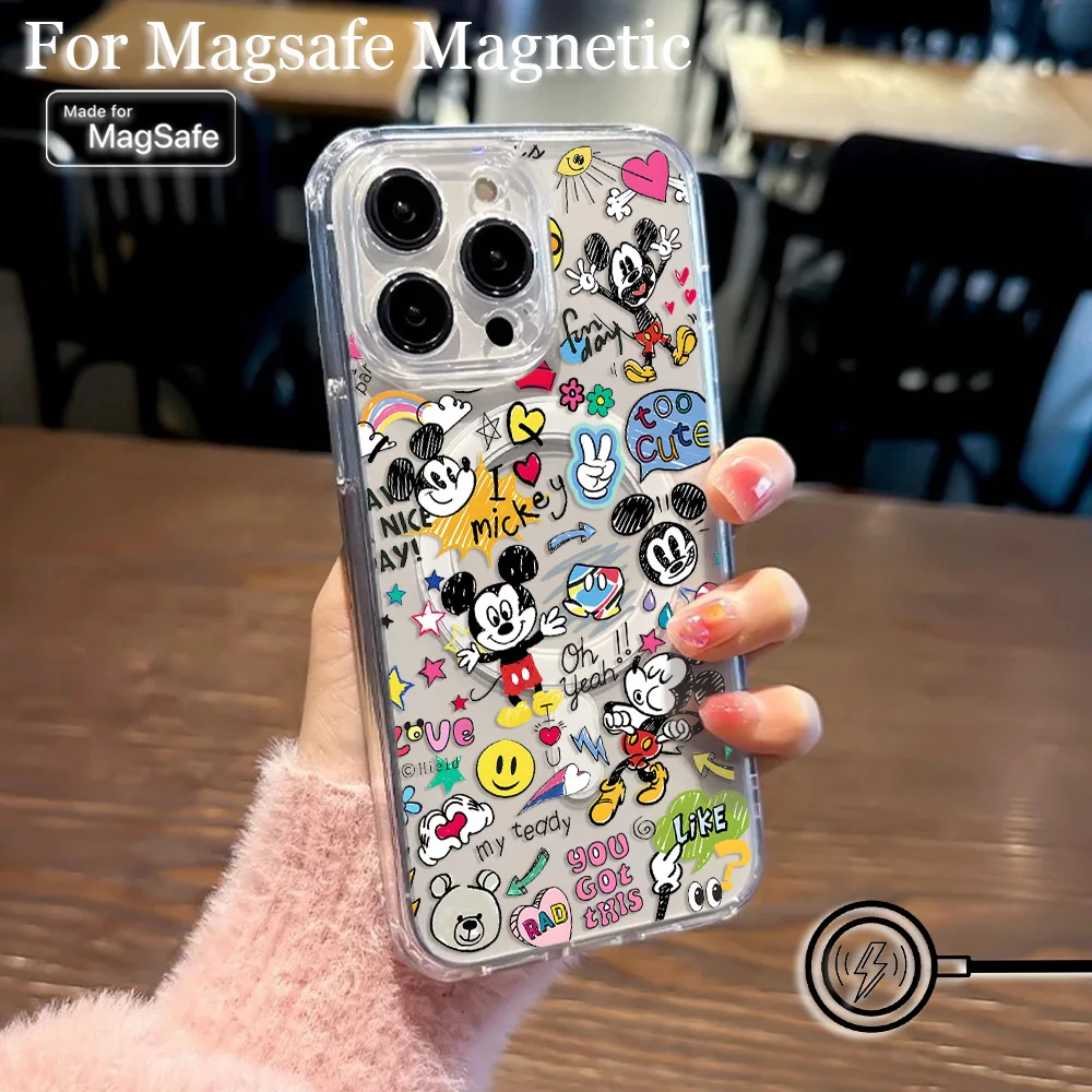 Cute Art Graffiti Mickey Mickey Magsafe Magnetic Phone Case for iPhone 16 15 14 13 12 11 8 7 Plus Pro Max X XR XSMax Clear Cover