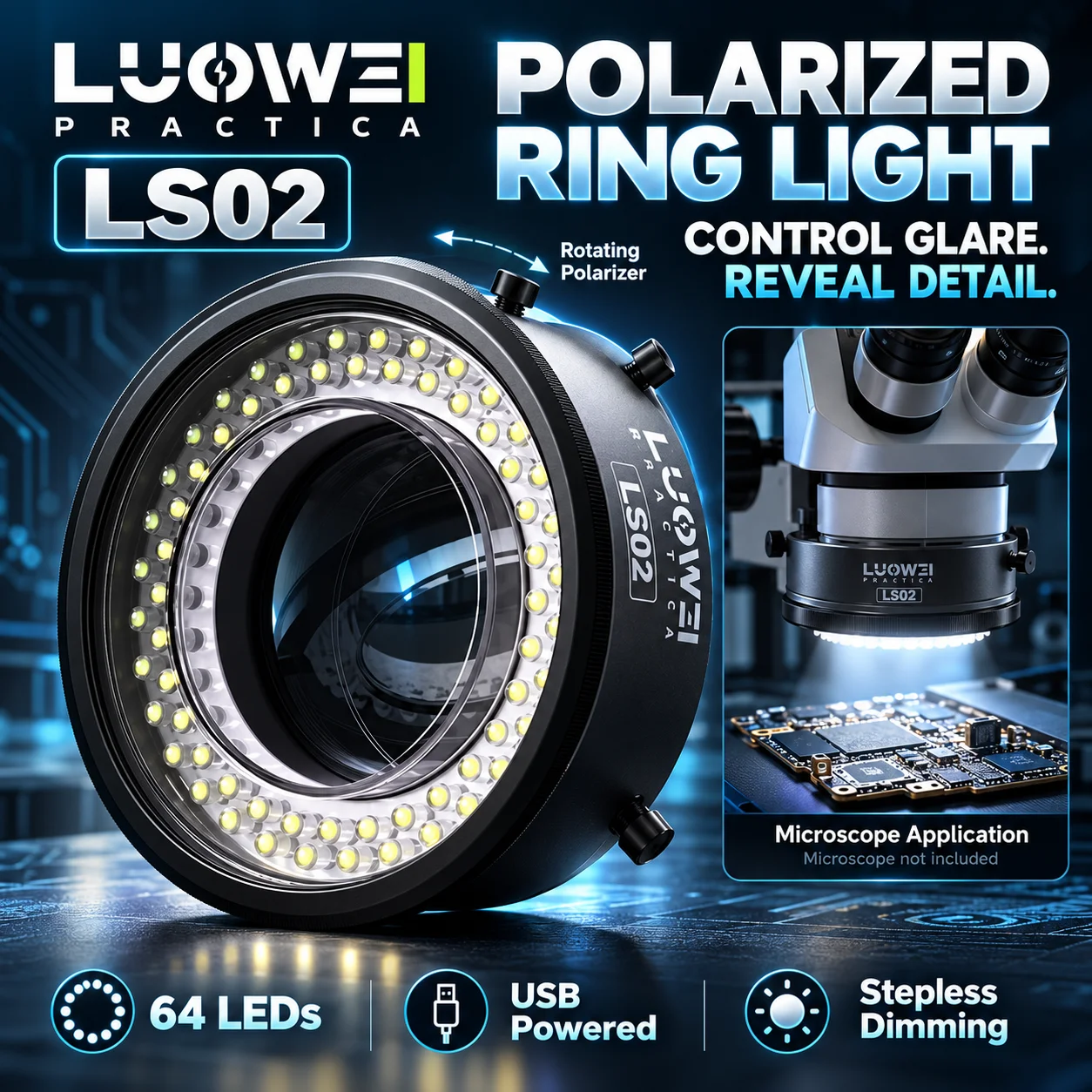 LUOWEI LS02 Microscope LED Ring Light Dual Polarizing Lenses Anti Glare USB Powered Adjustable Brightness for PCB Inspection